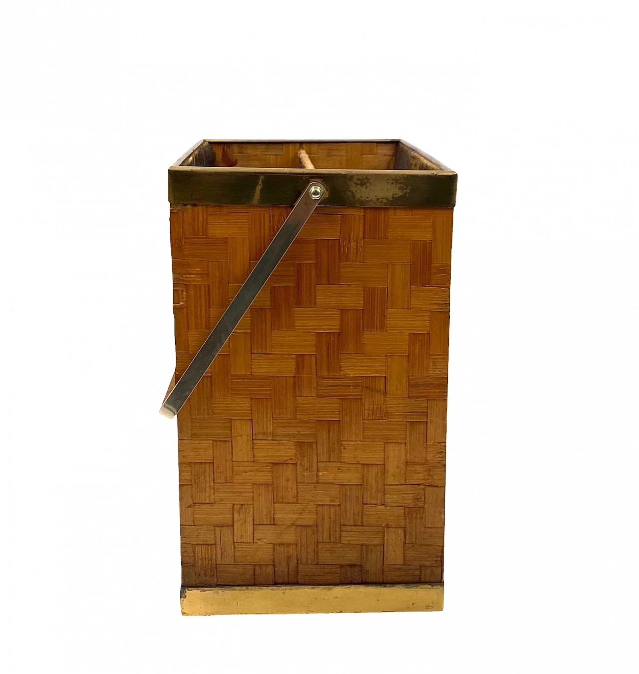 Hollywood regency brass and woven bamboo magazine rack, Metal Linea No 3