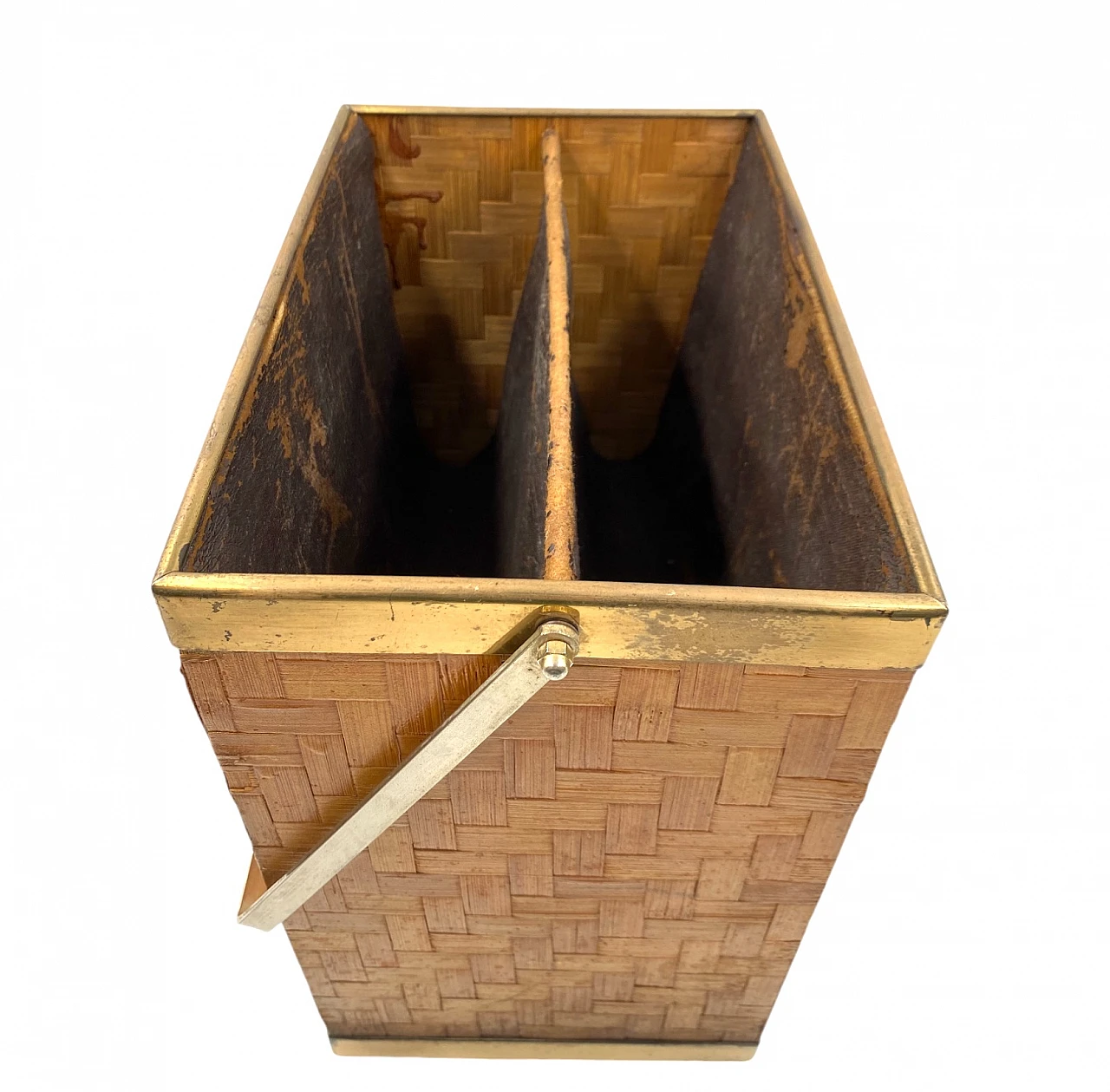 Hollywood regency brass and woven bamboo magazine rack, Metal Linea No 4