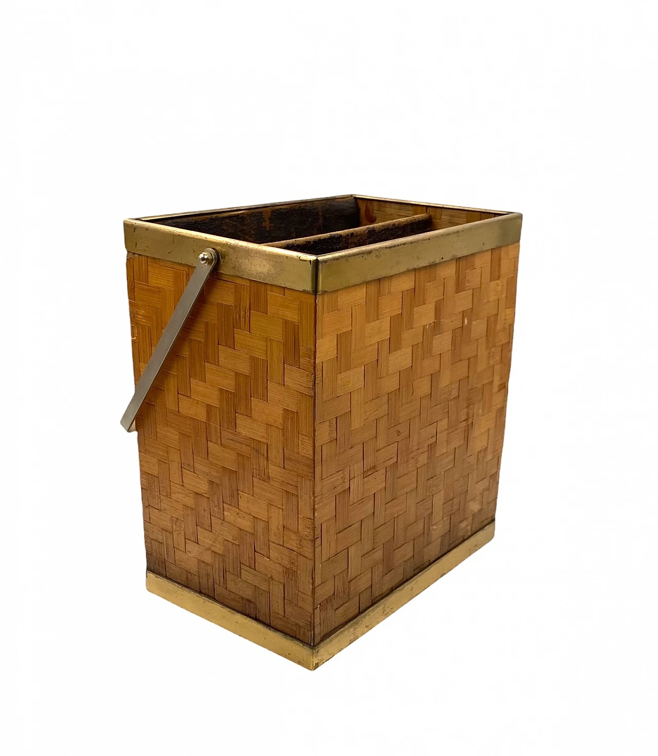 Hollywood regency brass and woven bamboo magazine rack, Metal Linea No 5