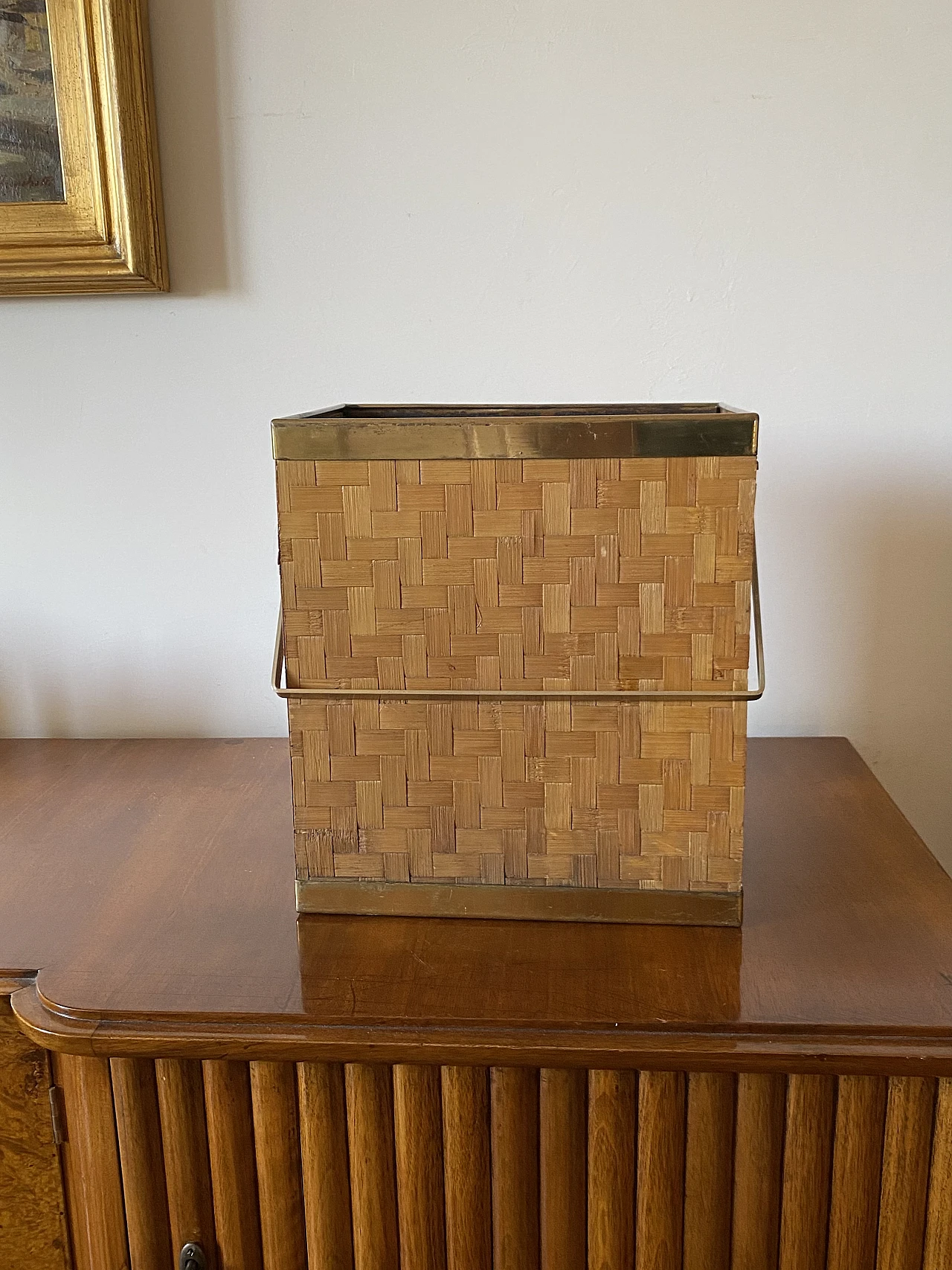 Hollywood regency brass and woven bamboo magazine rack, Metal Linea No 6