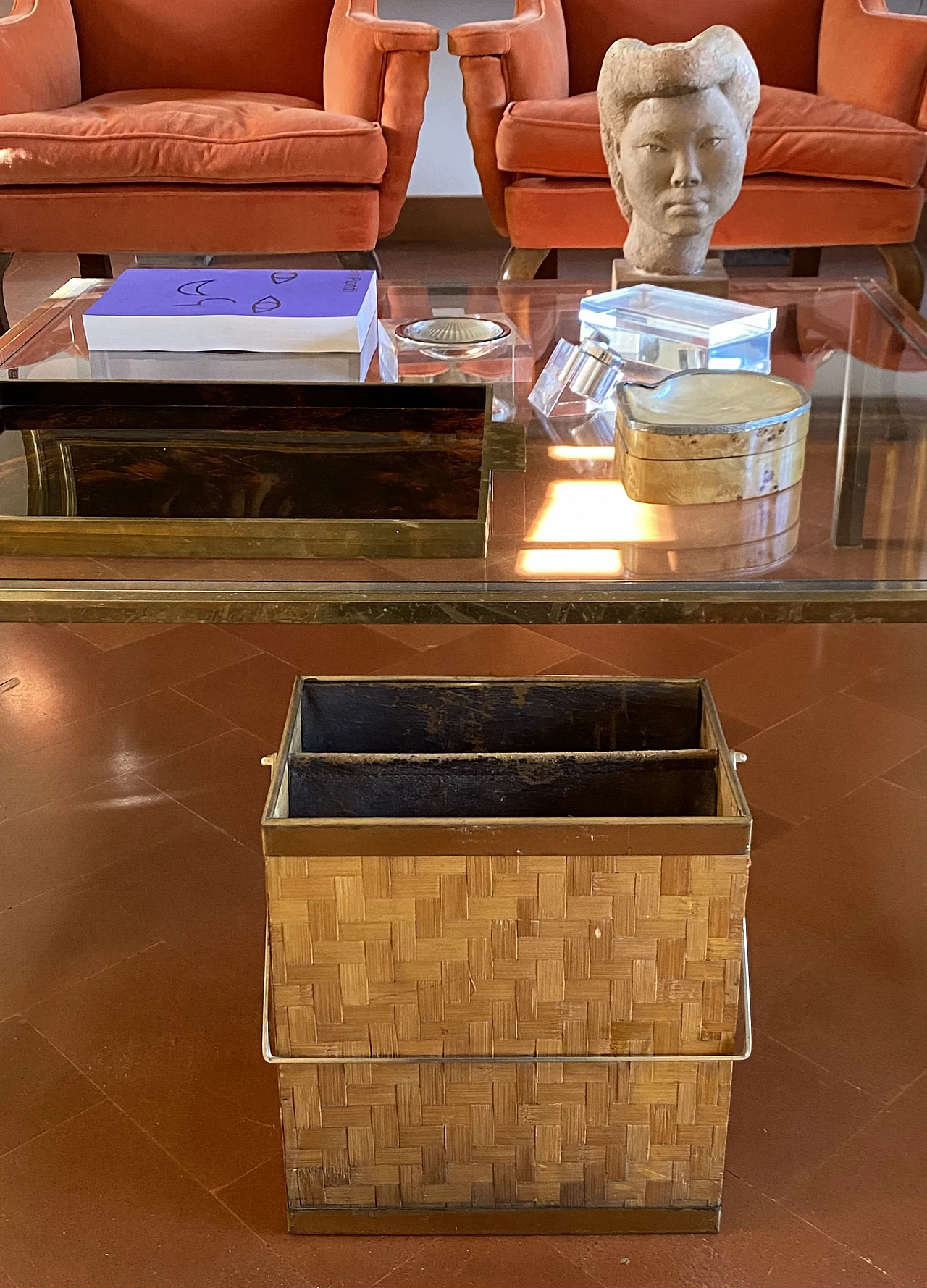 Hollywood regency brass and woven bamboo magazine rack, Metal Linea No 8