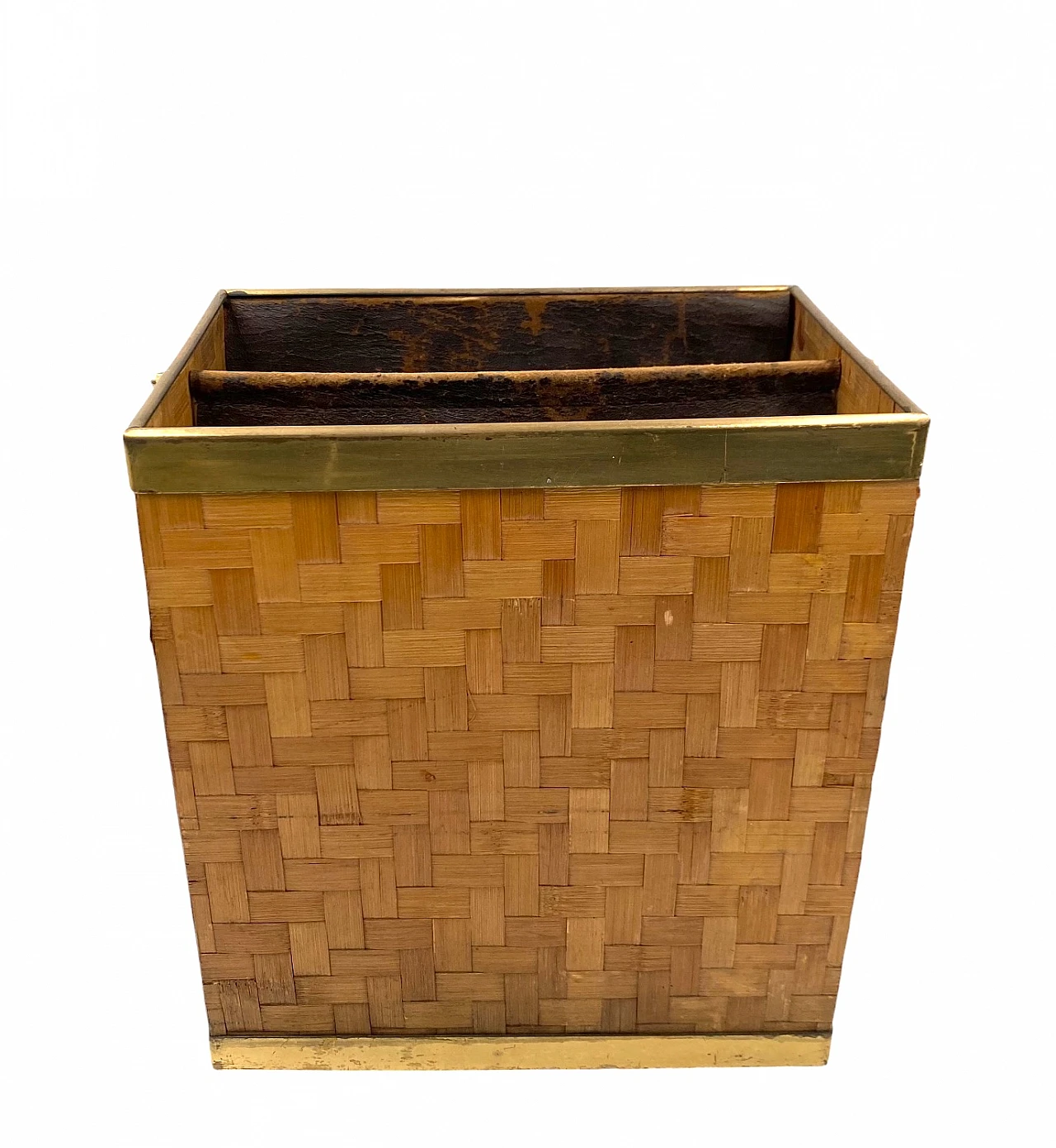 Hollywood regency brass and woven bamboo magazine rack, Metal Linea No 10