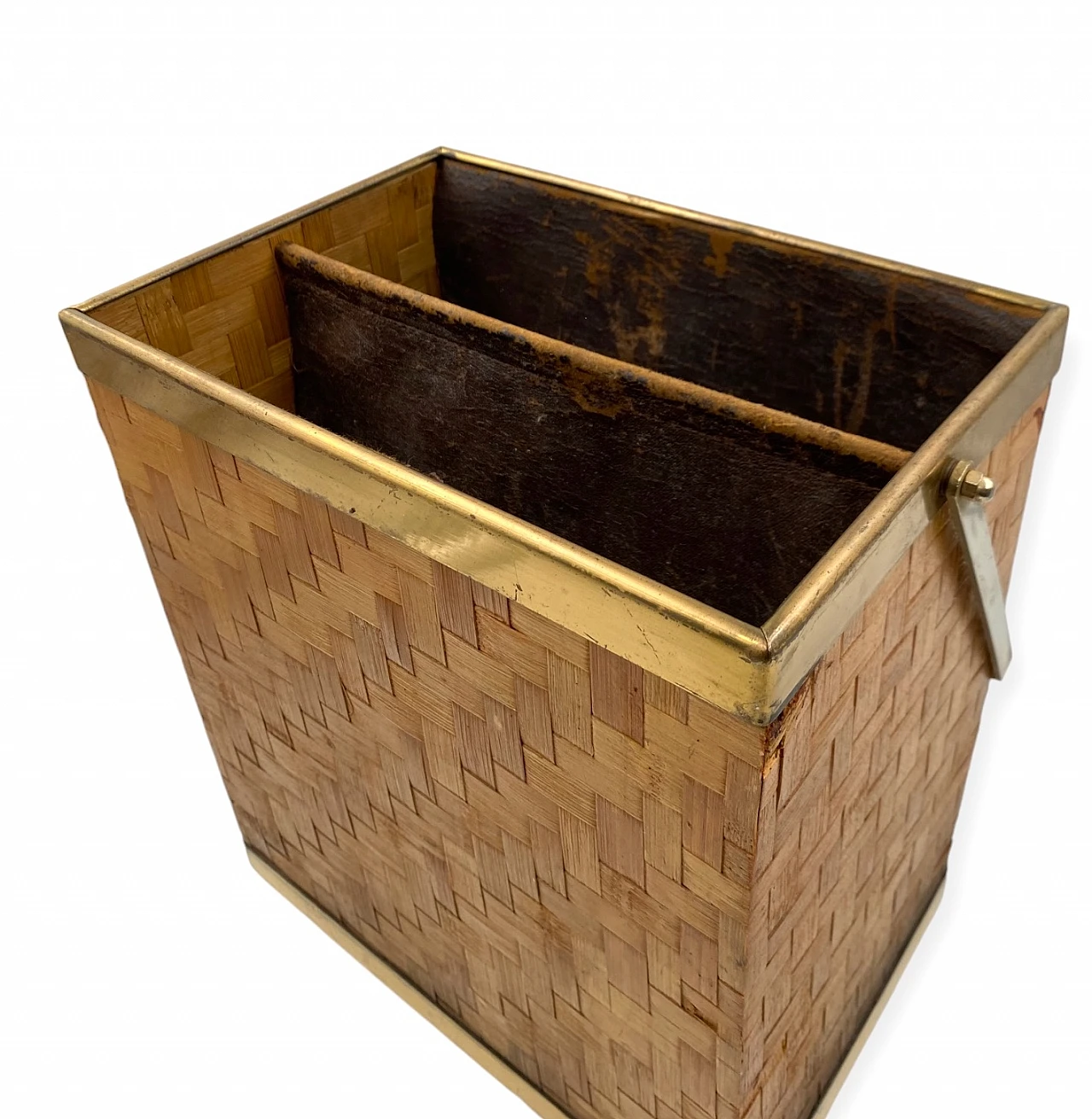 Hollywood regency brass and woven bamboo magazine rack, Metal Linea No 11