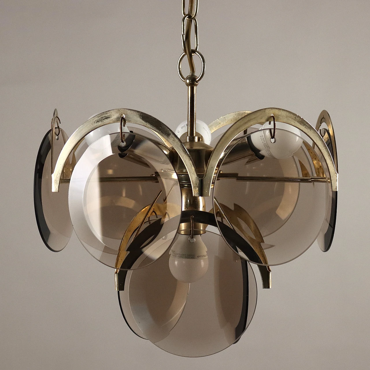 Metal chandelier with smoked glass pendants by Vistosi, 1970s 3