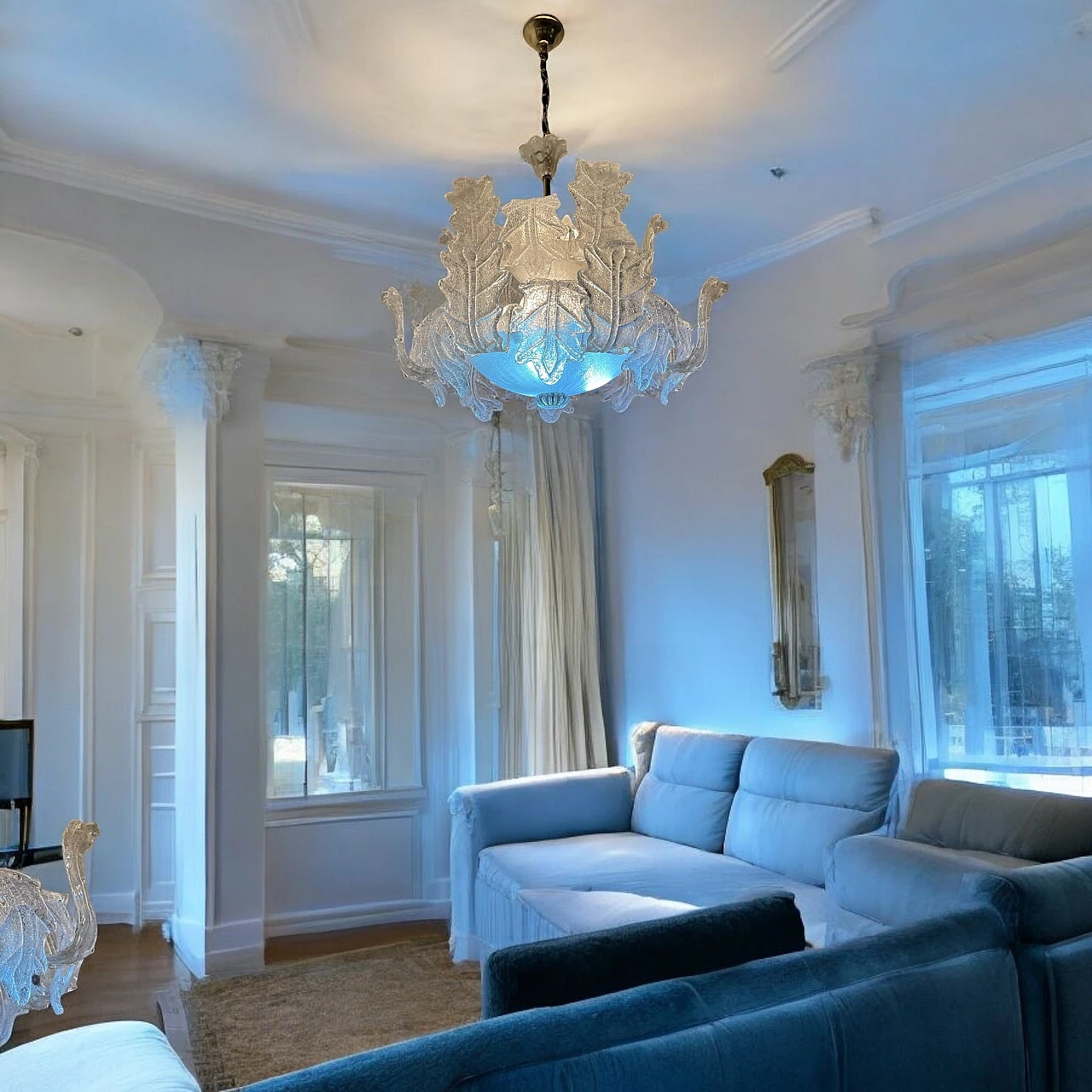 Pair of Murano frosted glass chandeliers by Sylcom Murano, 1970's 3