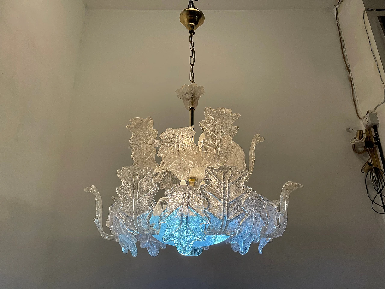 Pair of Murano frosted glass chandeliers by Sylcom Murano, 1970's 10
