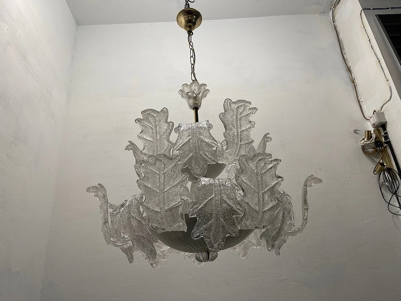 Pair of Murano frosted glass chandeliers by Sylcom Murano, 1970's 11