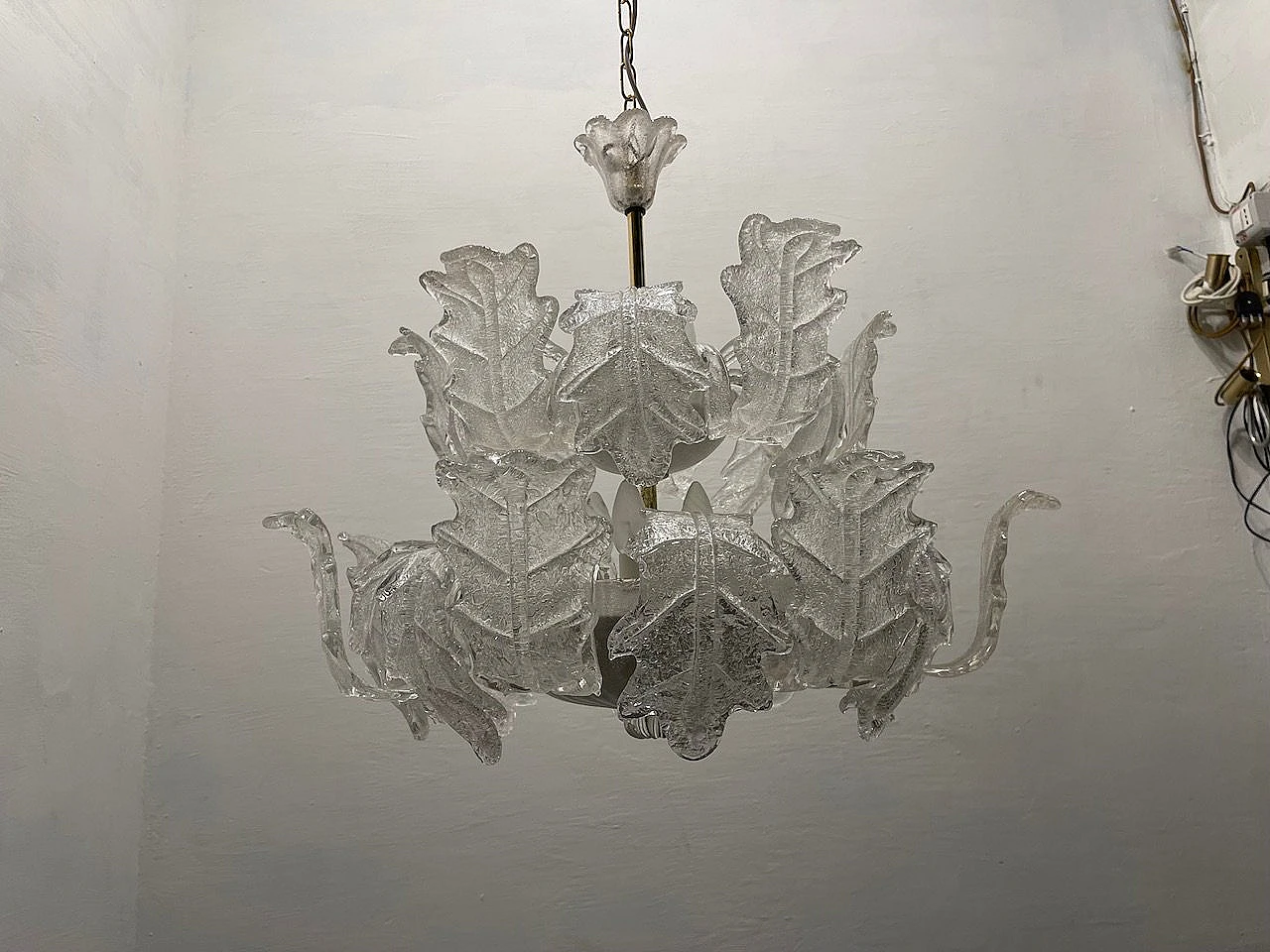 Pair of Murano frosted glass chandeliers by Sylcom Murano, 1970's 12