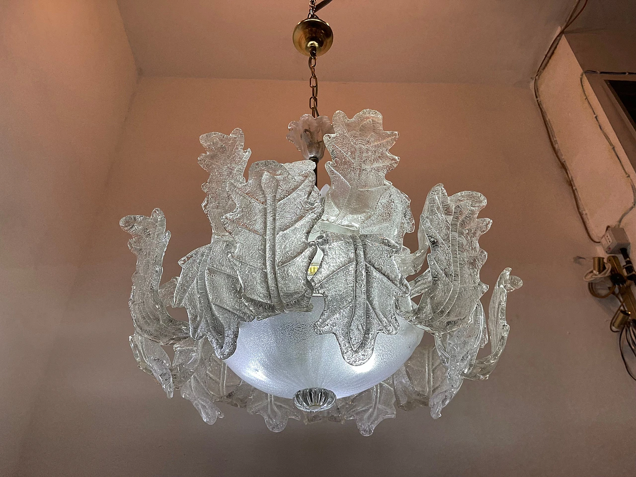 Pair of Murano frosted glass chandeliers by Sylcom Murano, 1970's 21