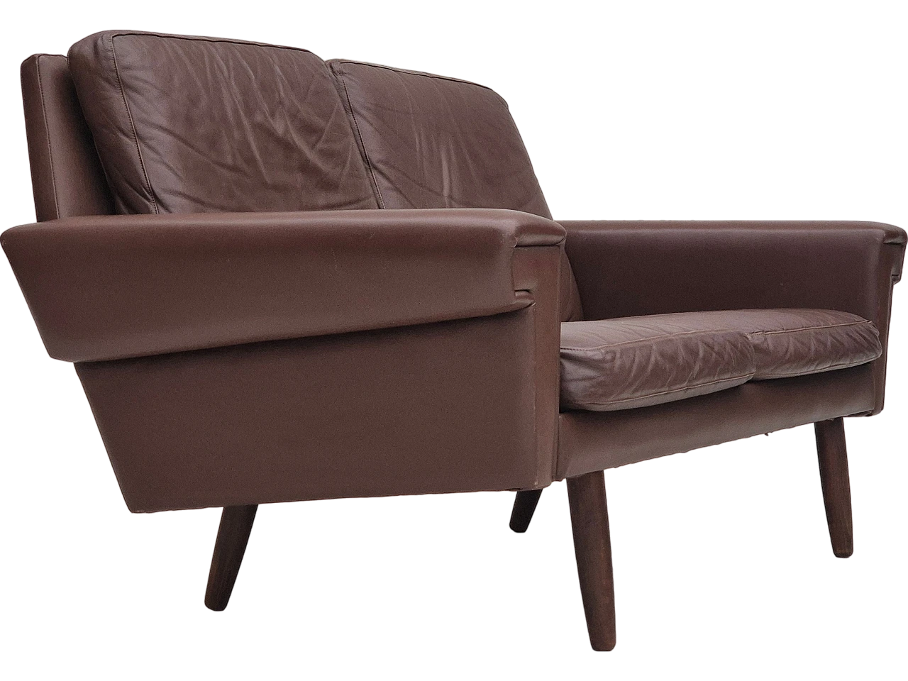 Divano danese a 2 posti in pelle marrone, anni '70 18