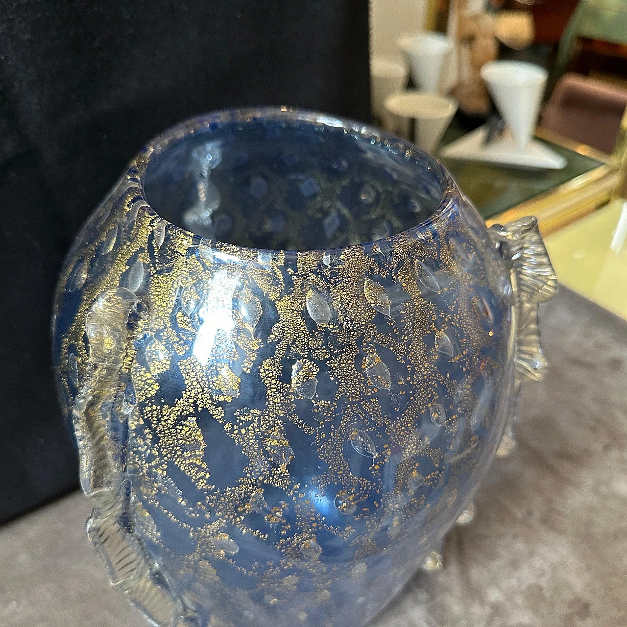 Vaso in vetro di Murano moderno blu e oro in stile Barovier, anni '70 3