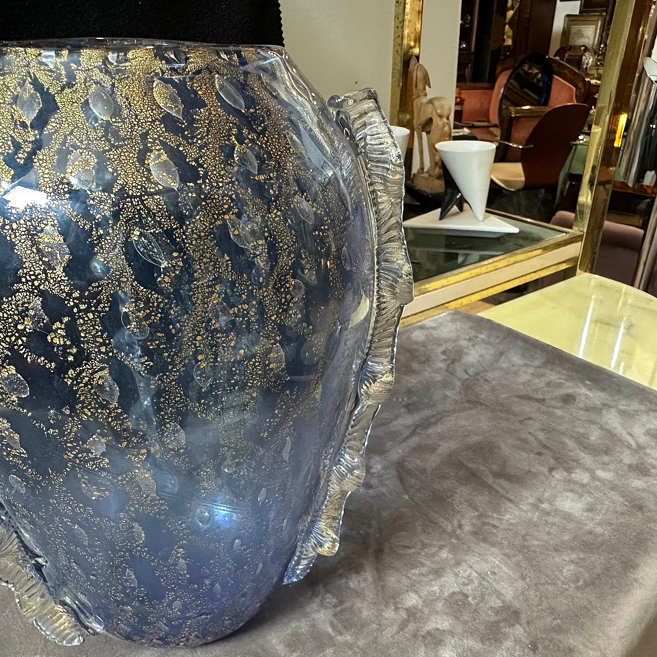Vaso in vetro di Murano moderno blu e oro in stile Barovier, anni '70 4