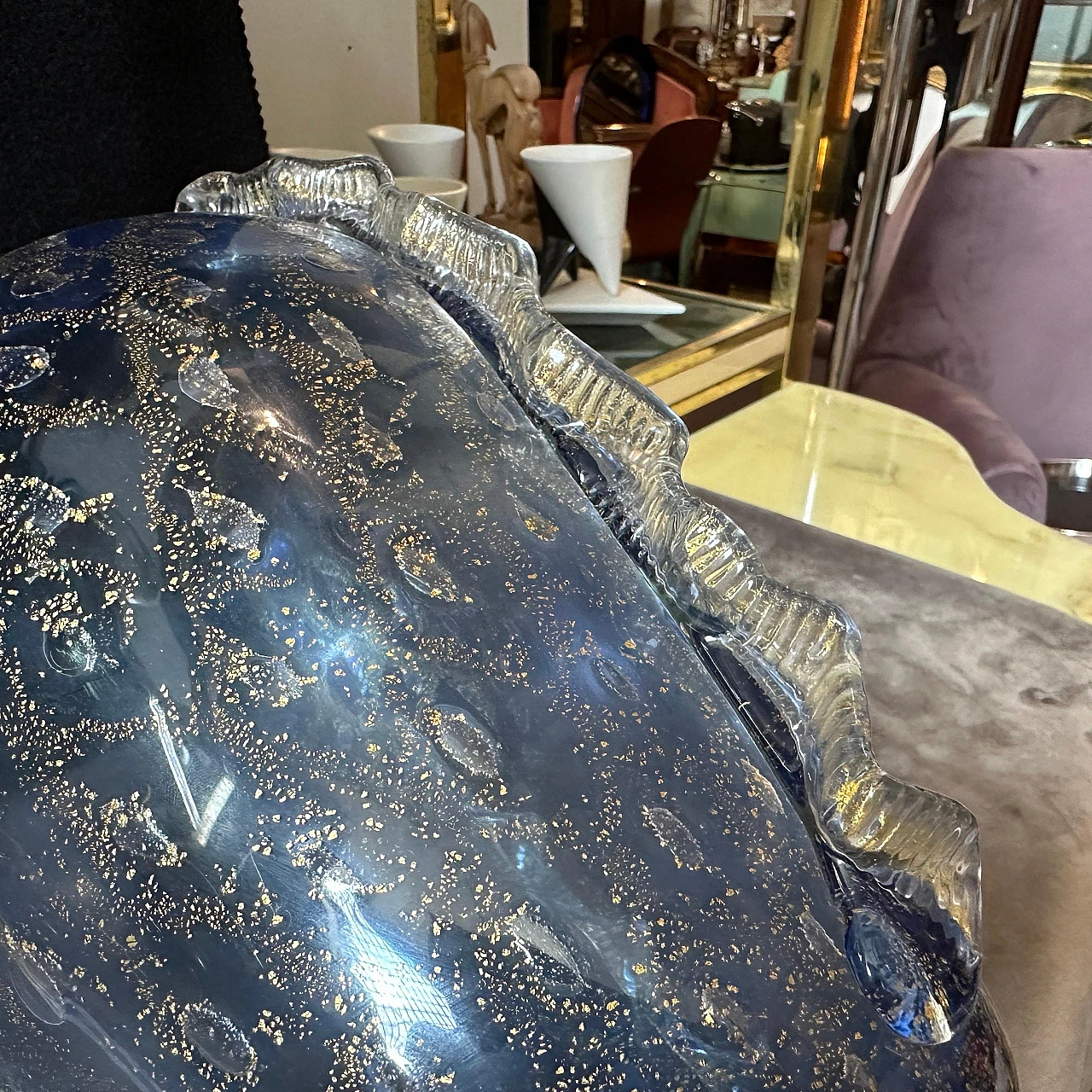 Vaso in vetro di Murano moderno blu e oro in stile Barovier, anni '70 10