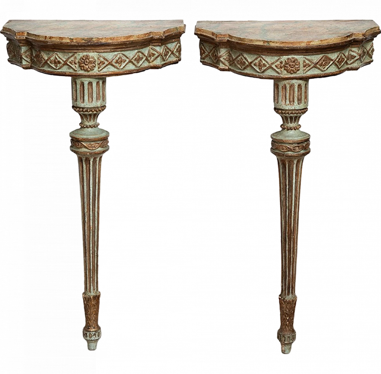 Coppia di consolline antiche demi lune in lacca verde e oro con piano 7