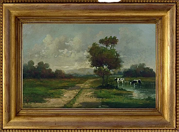 Paesaggio di Antonio Crespi, olio su tela in cornice, anni 2000