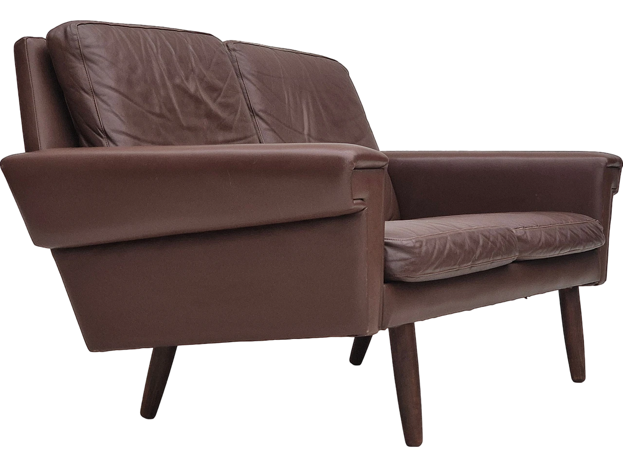 Divano danese a 2 posti in pelle marrone, anni '70 19