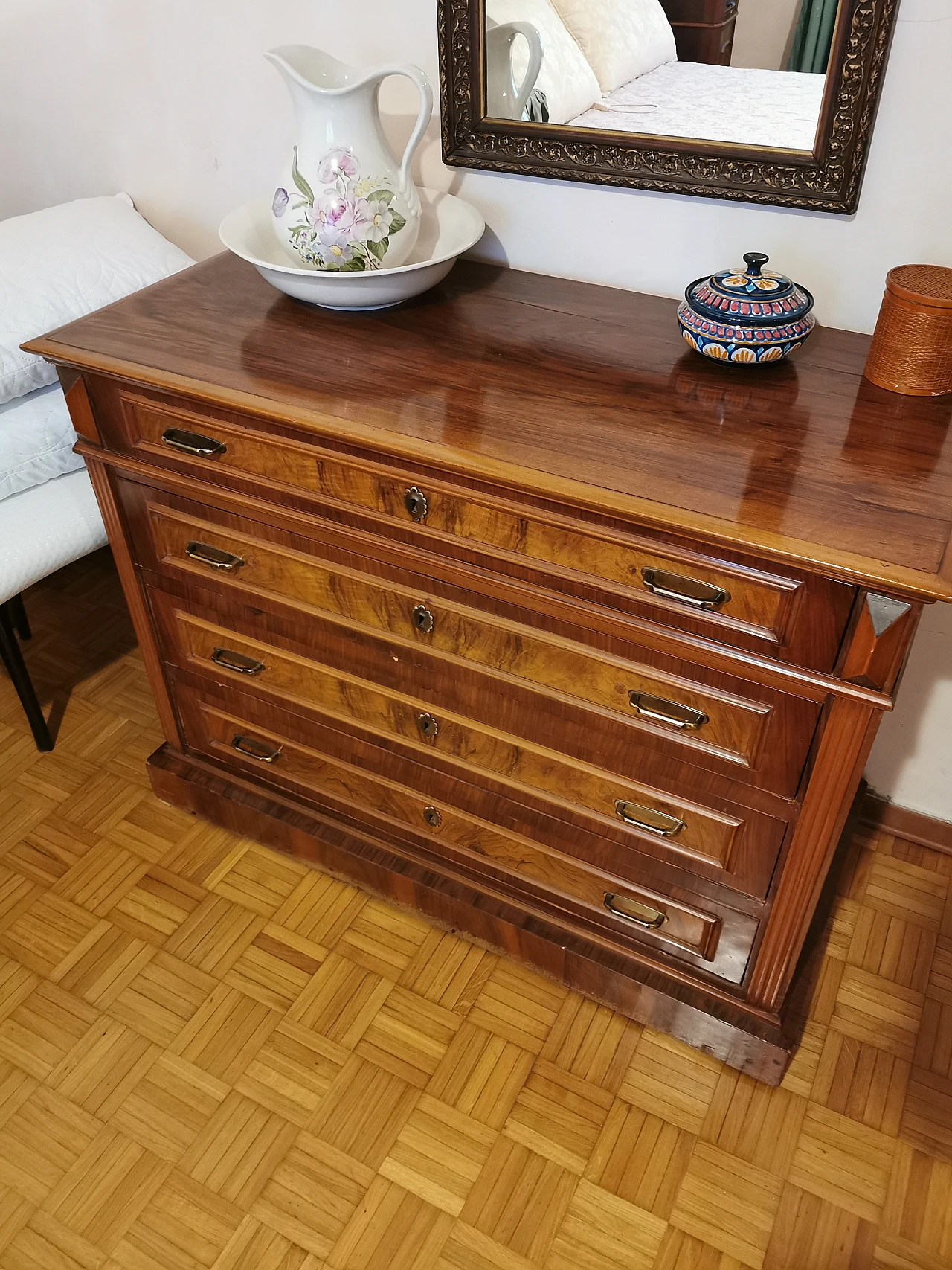 Wooden chest of drawers with brass details, mid-20th century 1