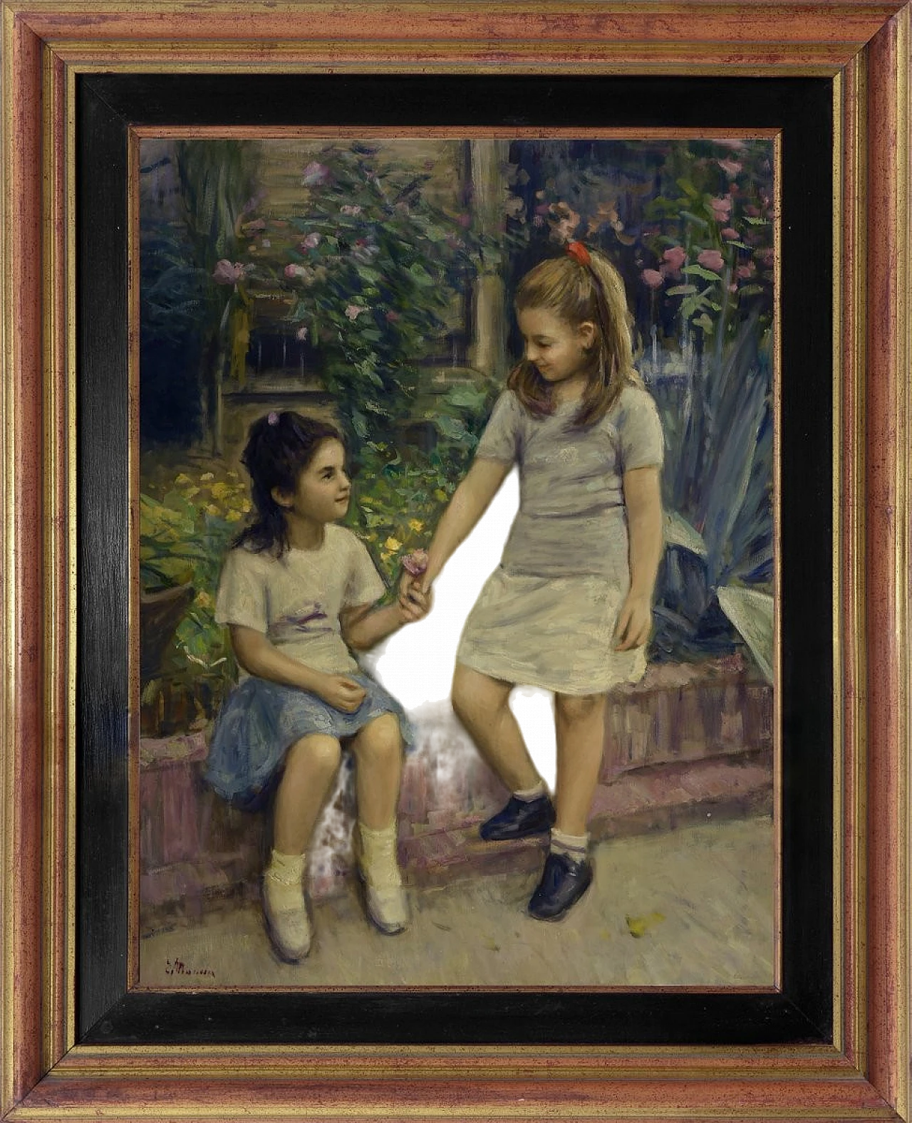 Scena di Tonino Manna, olio su tela con cornice, anni '90 8