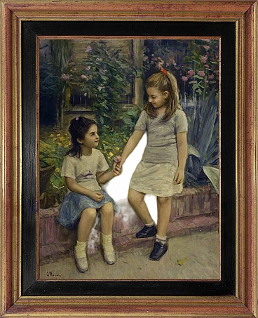 Scena di Tonino Manna, olio su tela con cornice, anni '90