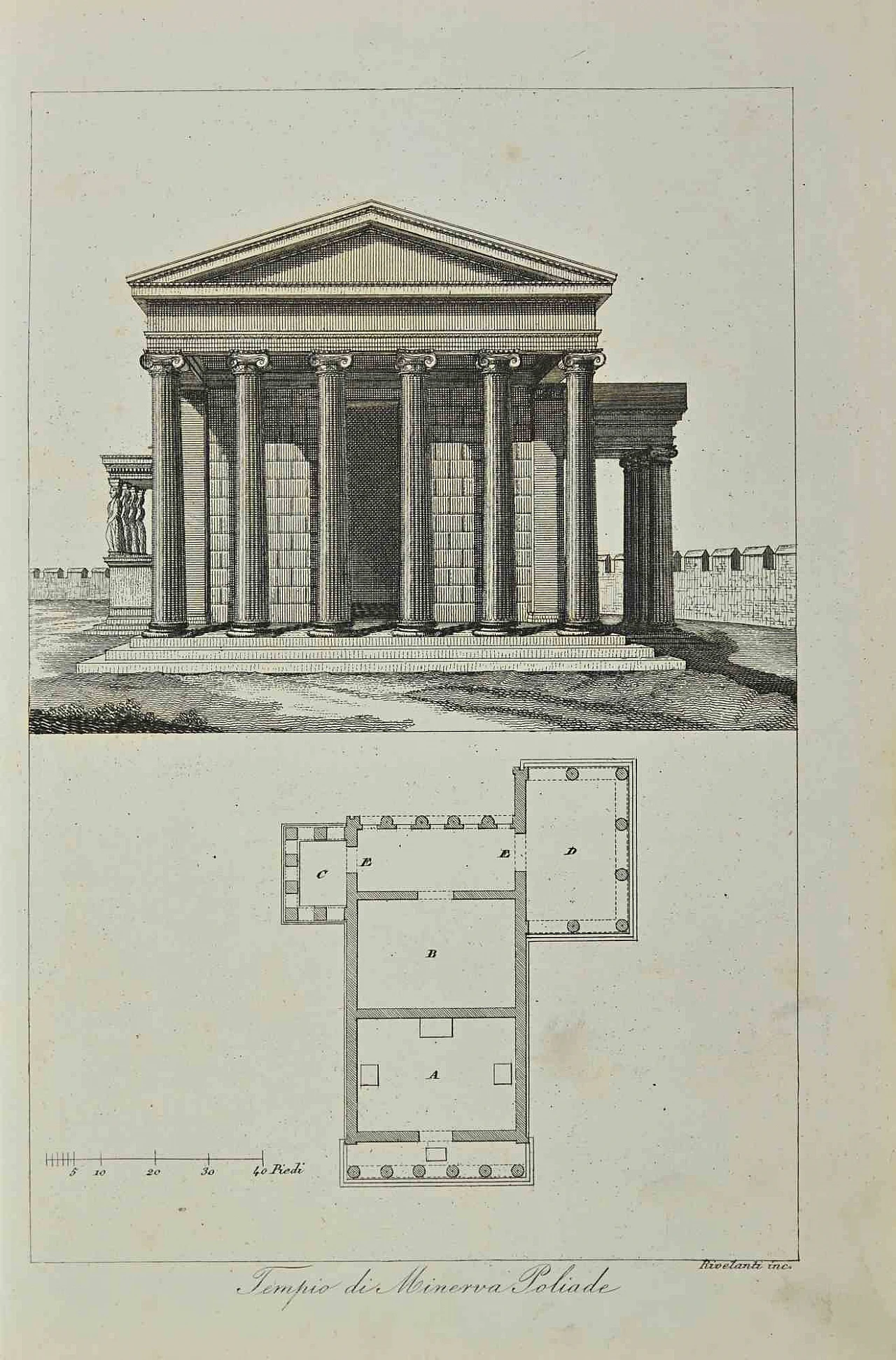 Various Authors, Columns of the Temple of Minerva Poliade, Lithograph 19th century 1