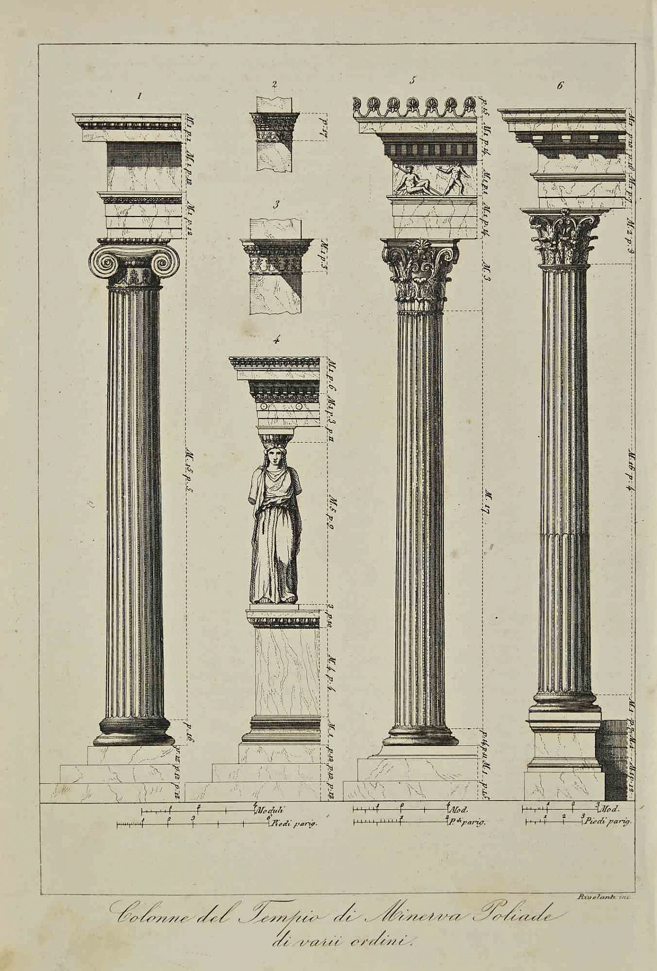 Various Authors, Columns of the Temple of Minerva Poliade, Lithograph 19th century 1