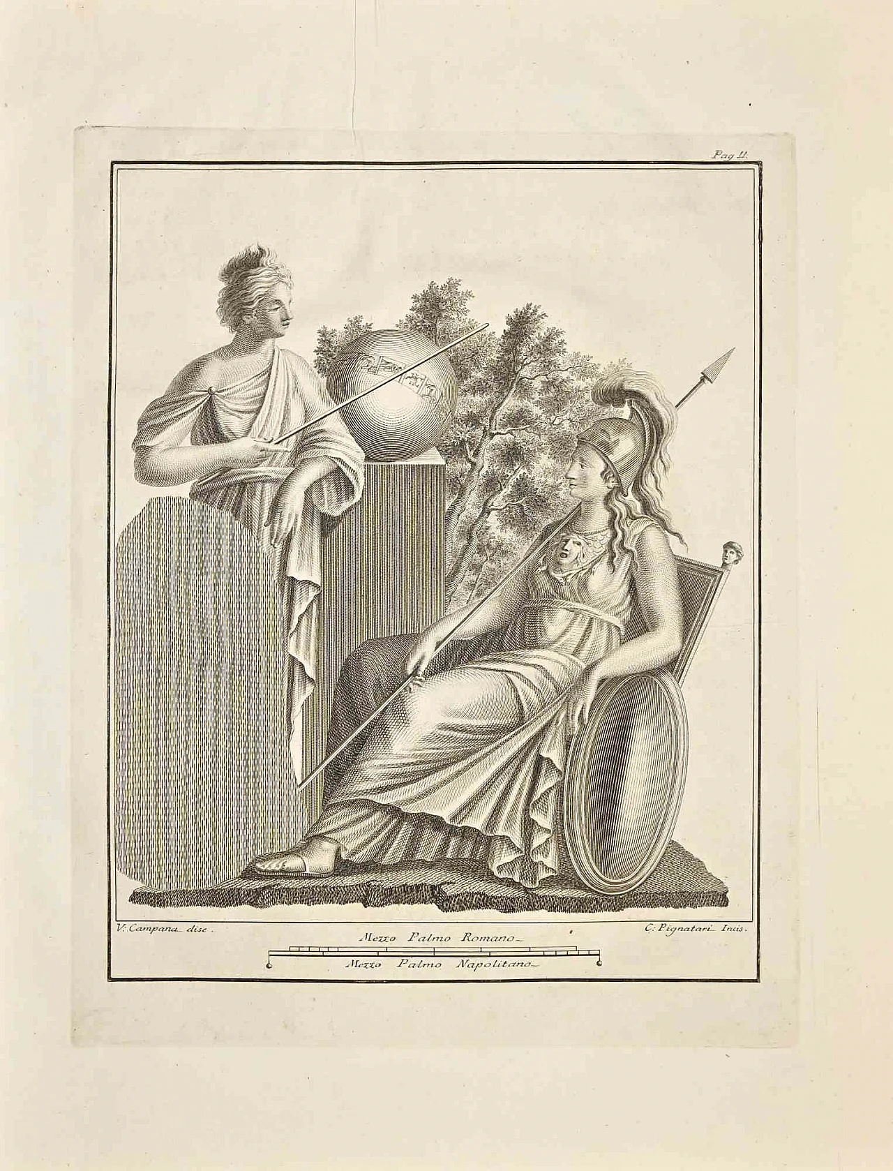 Vincenzo Campana, Ancient Roman Fresco with Athena from Herculaneum, Etching 18th century 1