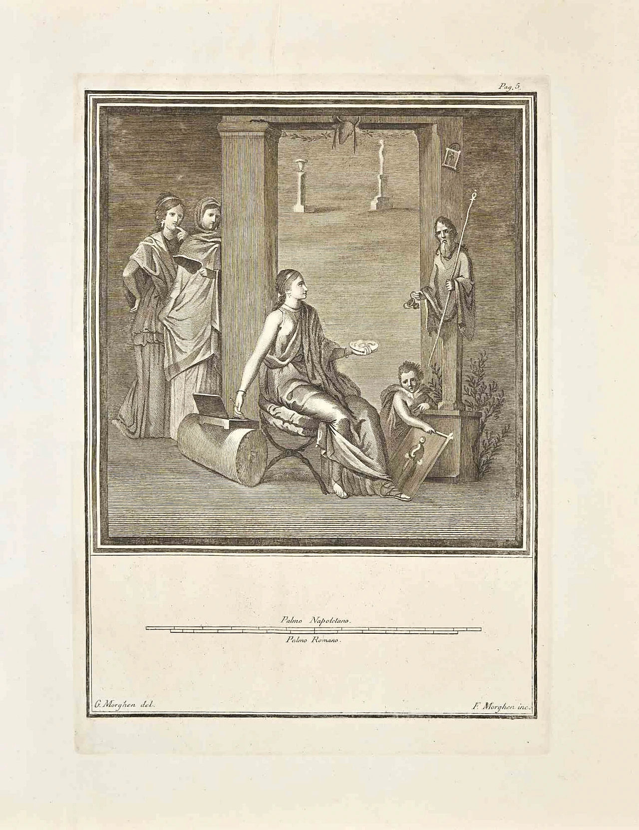 Filippo Morghen, Ancient Roman Fresco from Herculaneum, Etching 18th century 1