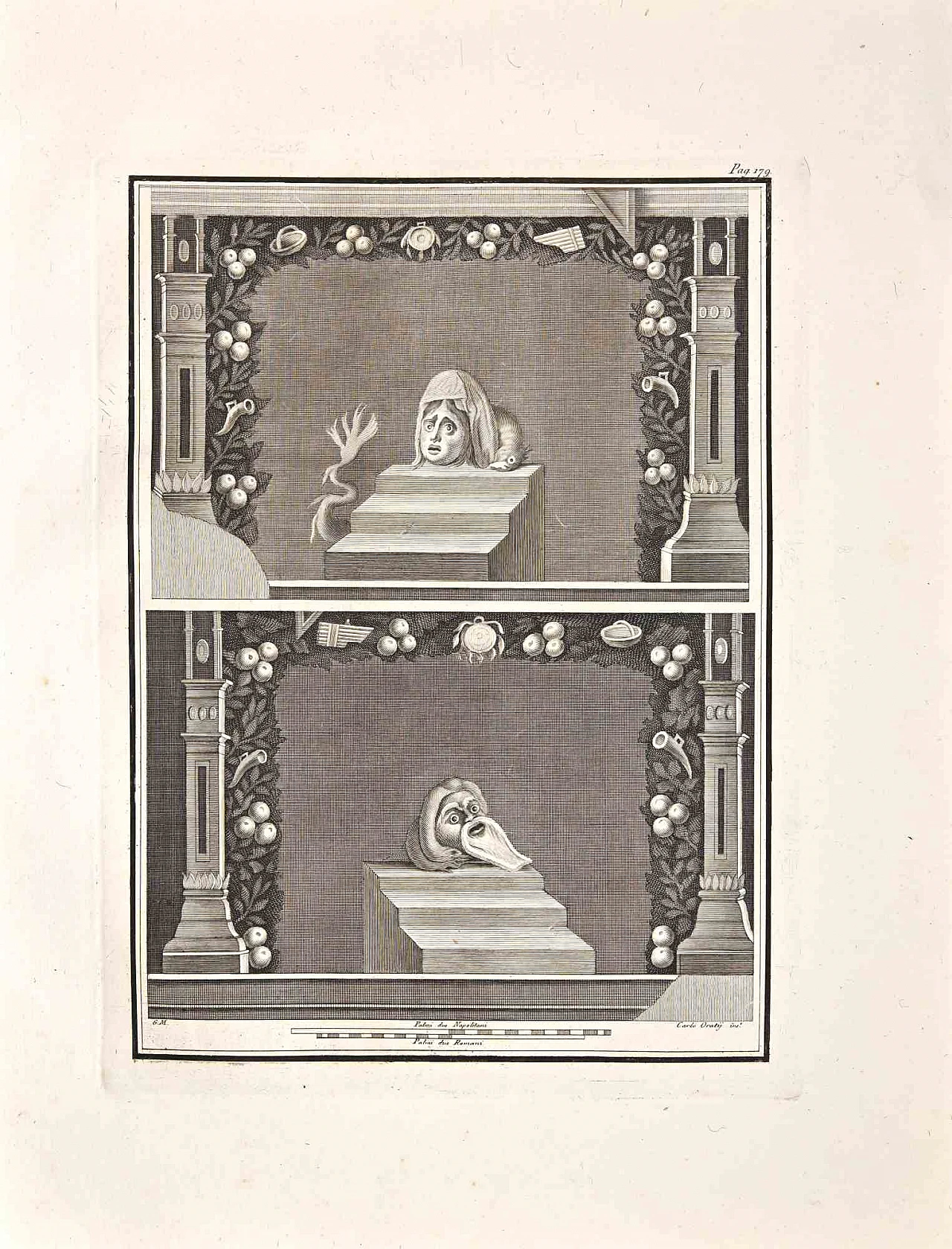 Carlo Oratij, Ancient Roman Fresco from Herculaneum, Etching 18th century 1