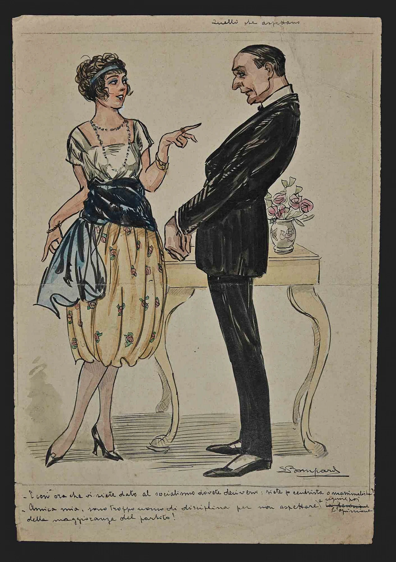 Luigi Bompard, Those Who Wait, Drawing-Ink Drawing Watercolour 1920s-1930s 1