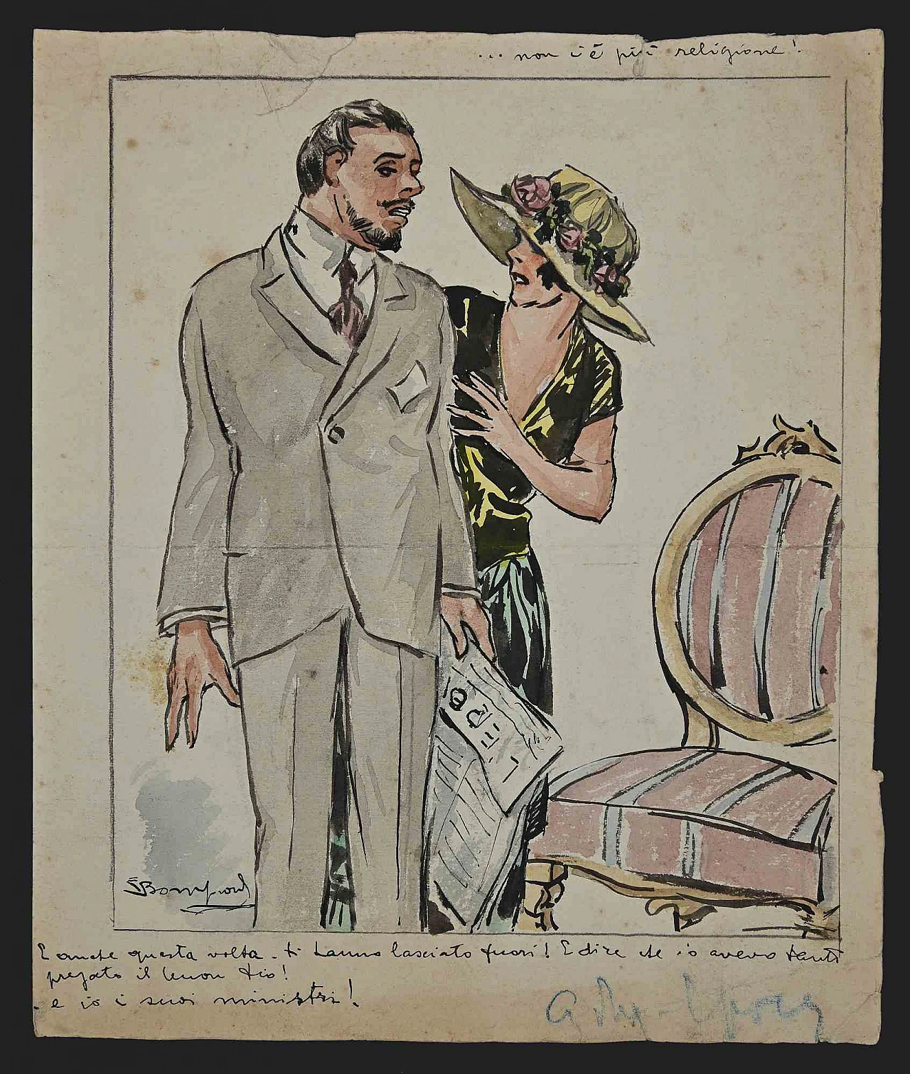 Luigi Bompard, Non c'è più religione, disegno a inchiostro, disegno ad acquerello 1920 - 1939 1