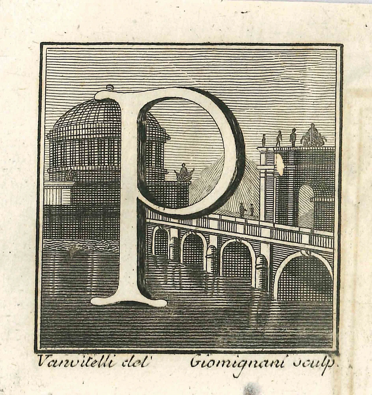 Gaspare Vanvitelli (Gaspar Van Wittel), Letter of the Alphabet P, Etching 18th century 1