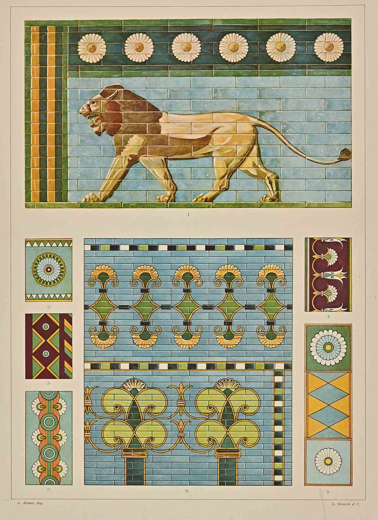 Andrea Alessio, Decorative Motifs - Chaldean-Assyrian Styles, Lithograph 19th century 1