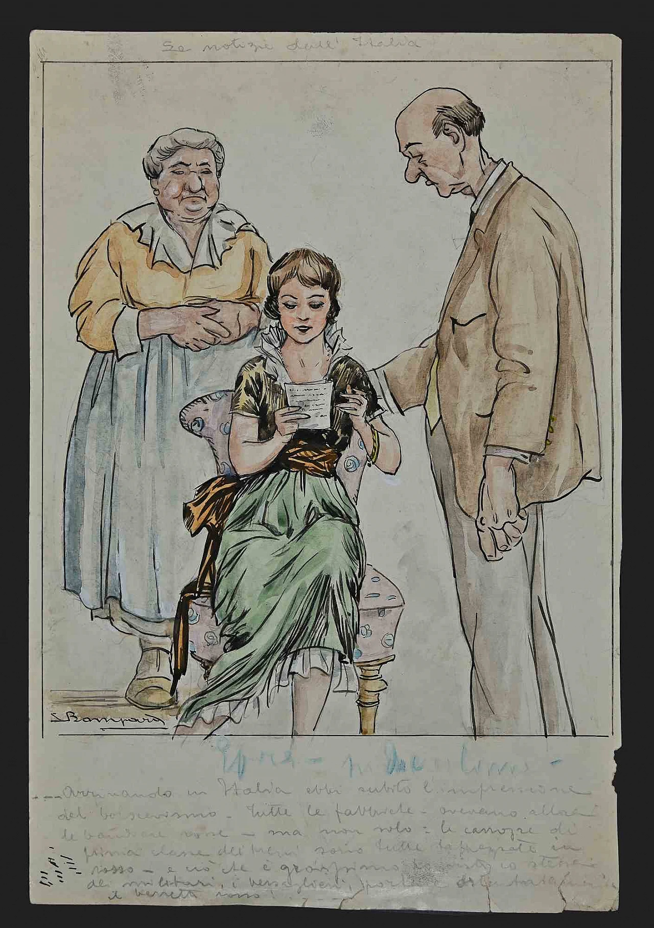 Luigi Bompard, Reading Letter, Drawing-Ink Drawing Watercolour 1920s-1930s 1