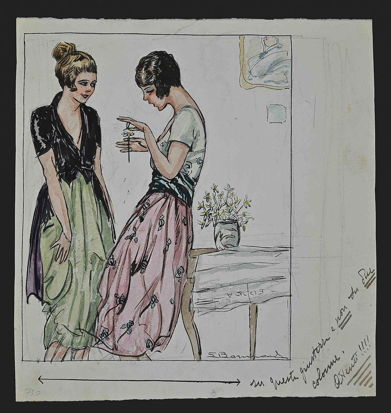 Luigi Bompard, Ragazze con un fiore, disegno a inchiostro, disegno ad acquerello 1920 - 1939 1