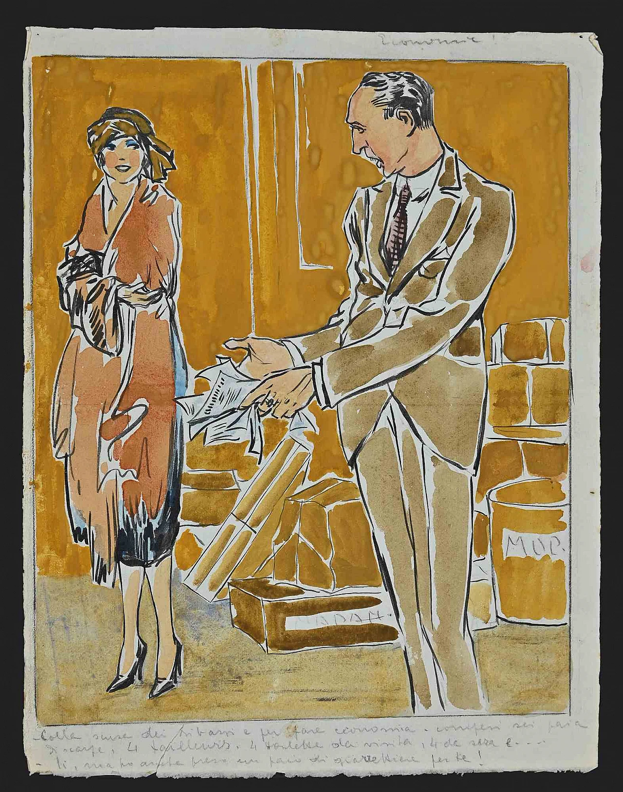 Luigi Bompard, Signora e notizie, disegno a inchiostro, disegno ad acquerello 1920 - 1939 1