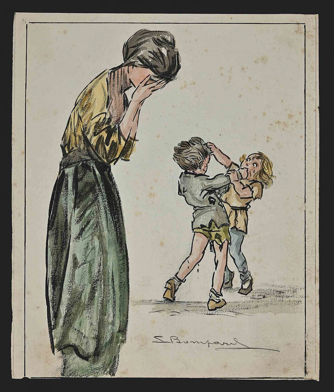 Luigi Bompard, I bambini che combattono e la madre piangono, Disegno a inchiostro, Acquarello 1920 - 1939 1