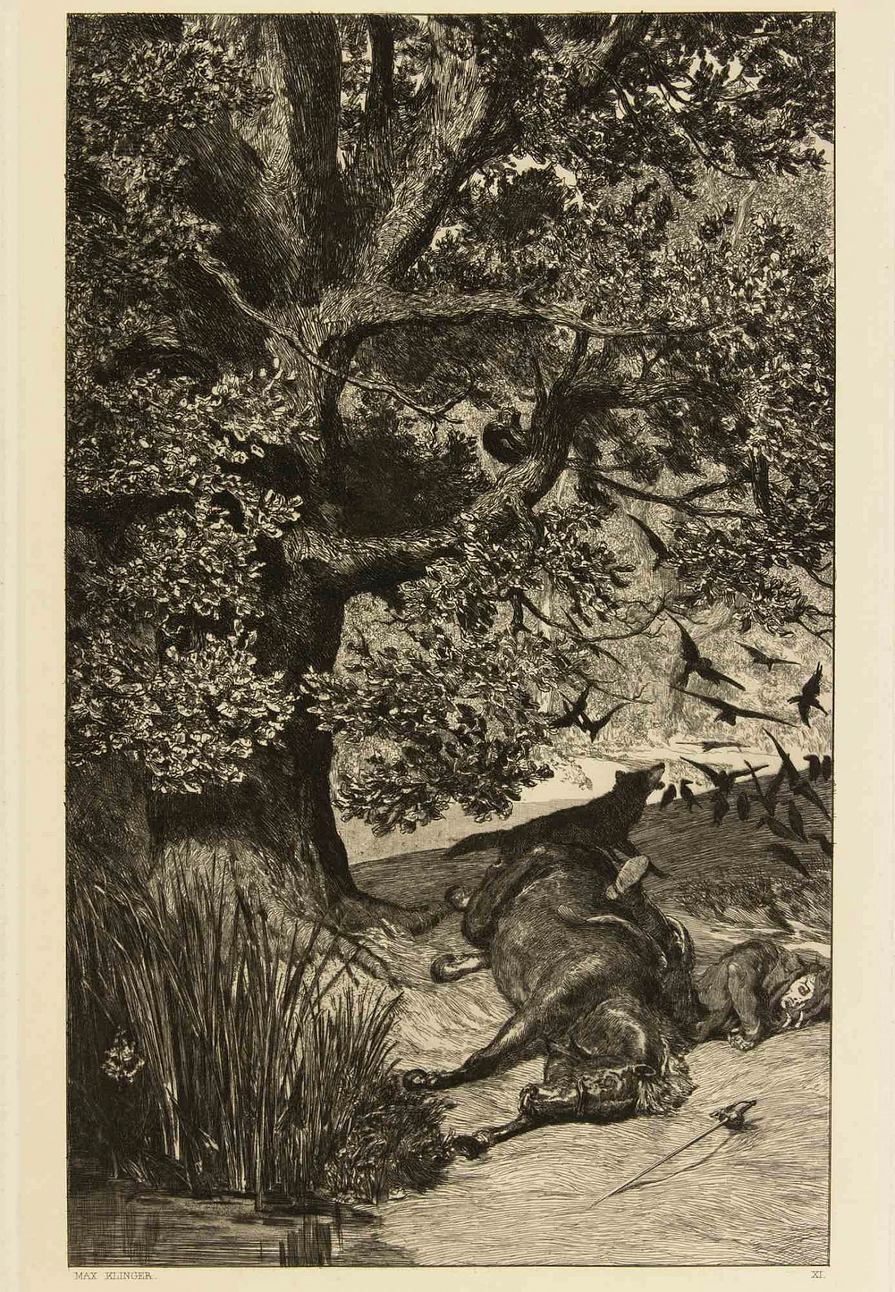 Max Klinger, Fallen Rider, Etching 19th century 1