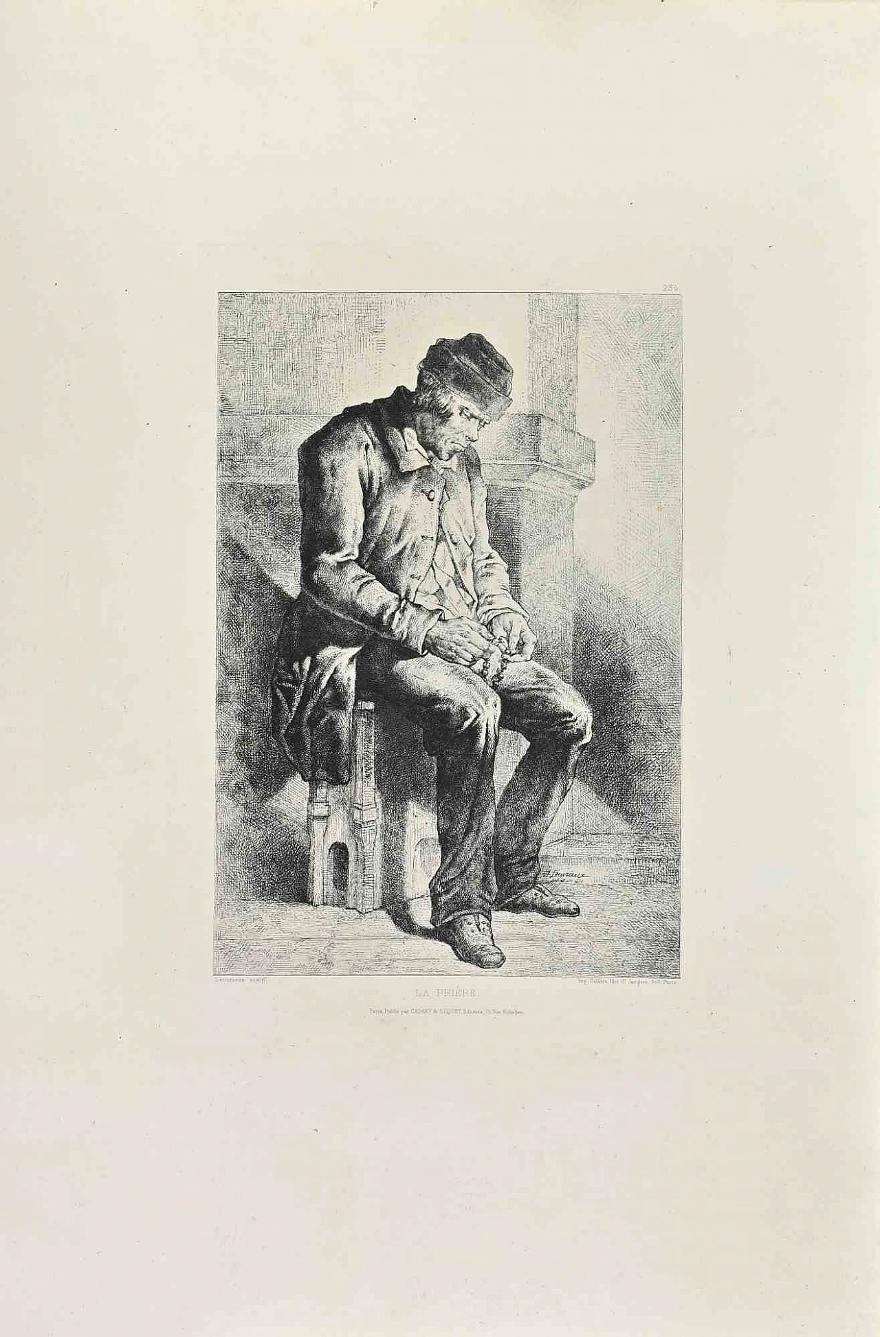 Jacques-Joseph Lecurieux, La Priere, Etching 19th century 1