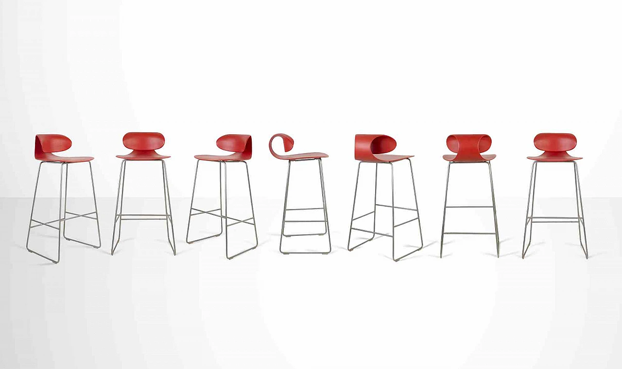 Sawaya & Moroni, Set of 7 Red Maxima Benches by William Sawaya & Paolo Moroni 1980s-1990s 1