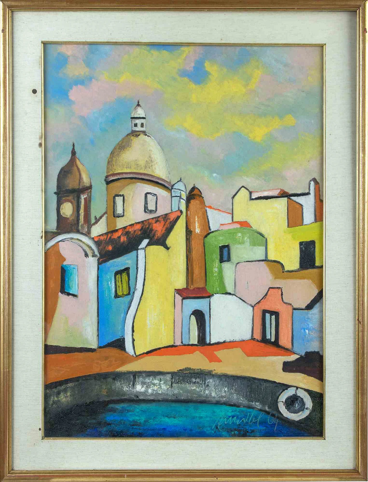 Artista XX secolo, Paesaggio con case e cupole, Dipinto ad olio Anni 2000 1