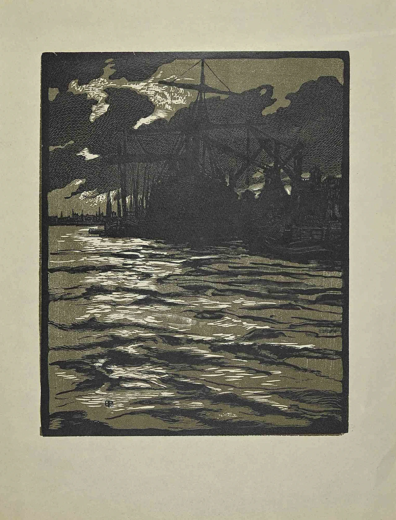Eduard Pellens, Boats on the River, Woodcut 19th century 1