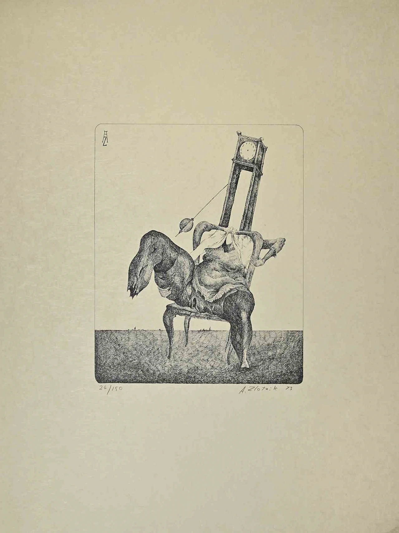 Alexandre Zlotnik, The Clock Man, Lithograph 1960s-1970s 1