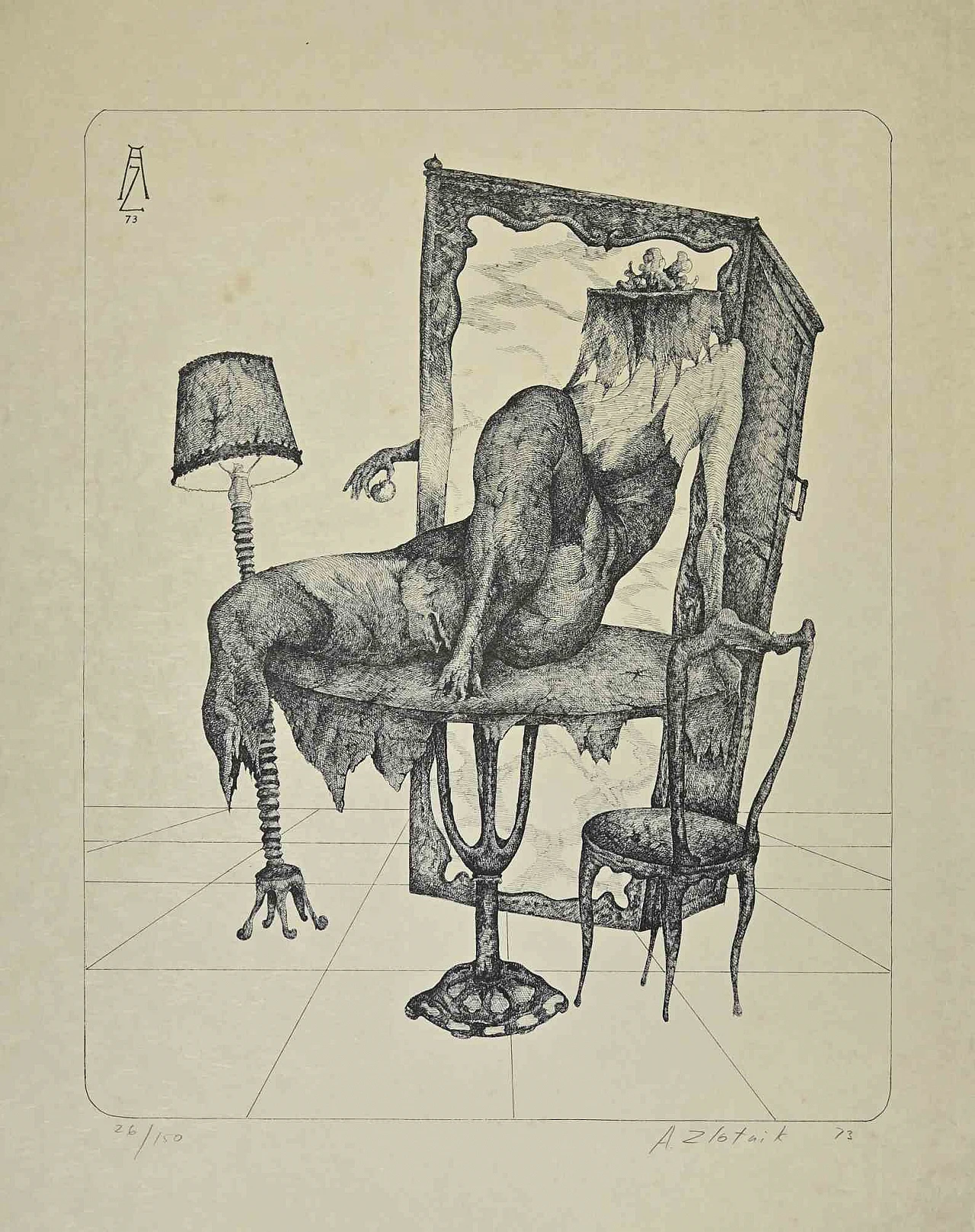 Alexandre Zlotnik, Table-Woman, Lithograph 1960s-1970s 1