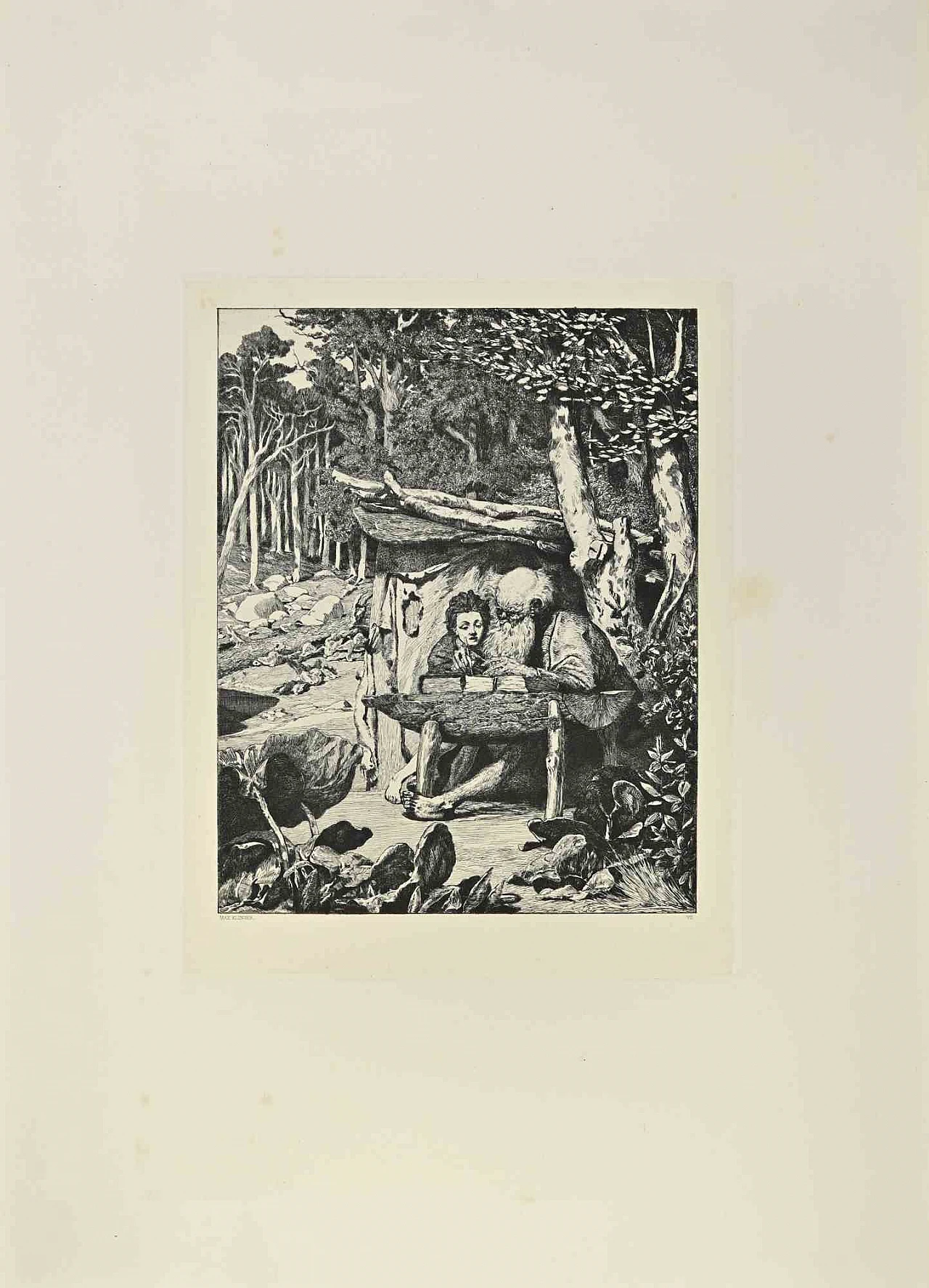 Max Klinger, Simplicius' Writing Lesson (Simplici Schreibstunde) (plate VII) from Intermezzos, Etching 19th century 1