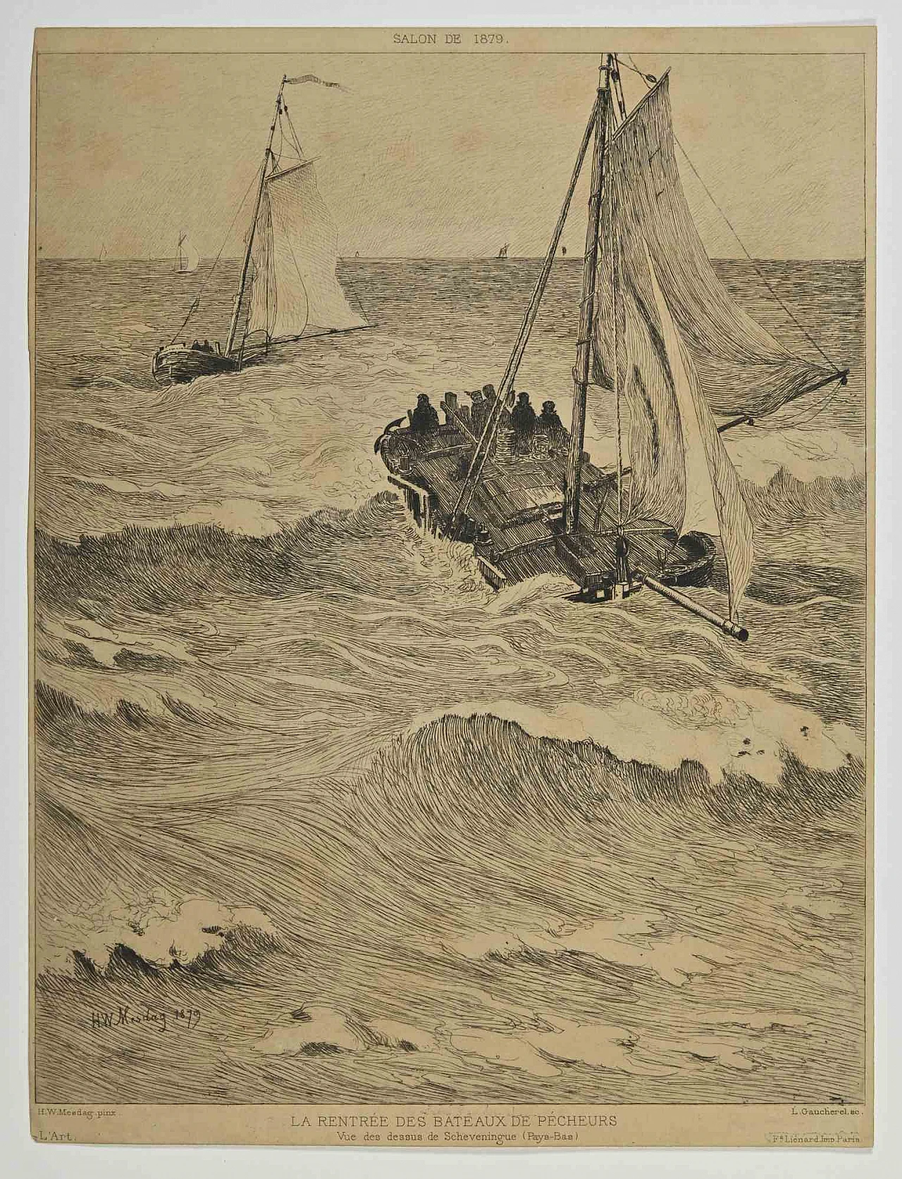 Léon Gaucherel, La Rentrée des Bateaux des Pêcheurs, Etching 19th century 1
