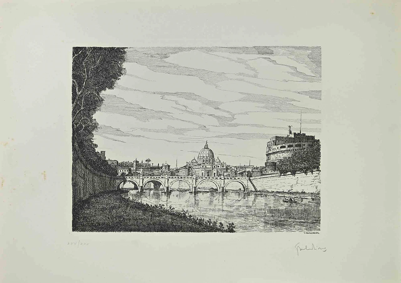 Giuseppe Malandrino, Saint Peter and Castel Sanit Angelo, Etching 1960s-1970s 1