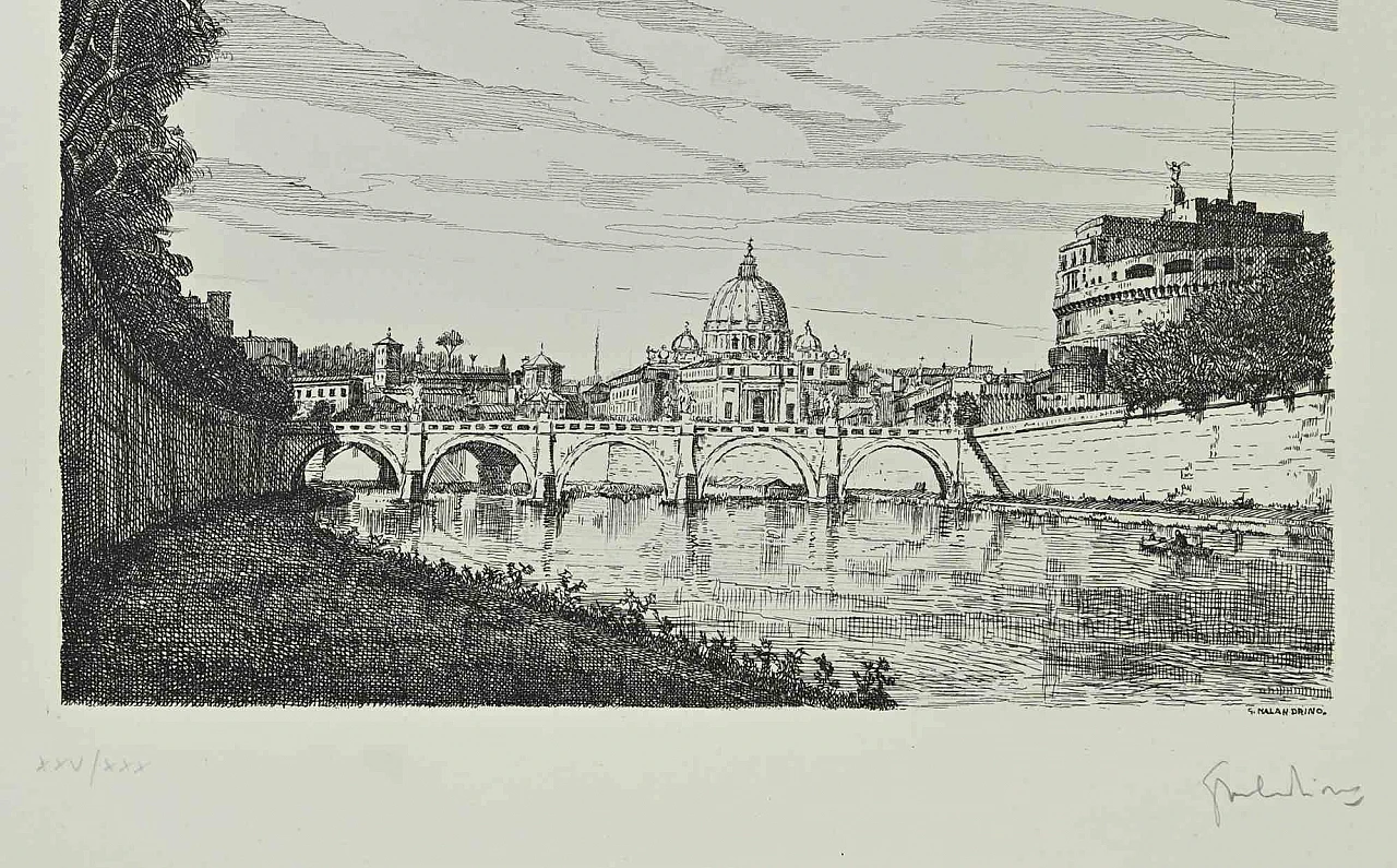 Giuseppe Malandrino, Saint Peter and Castel Sanit Angelo, Etching 1960s-1970s 2