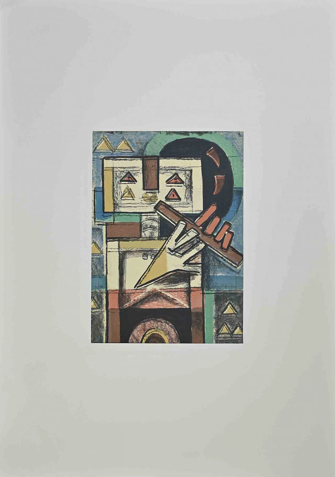 Ibrahim Kodra, Robot Playing Flute, Lithograph 1960s-1970s 1