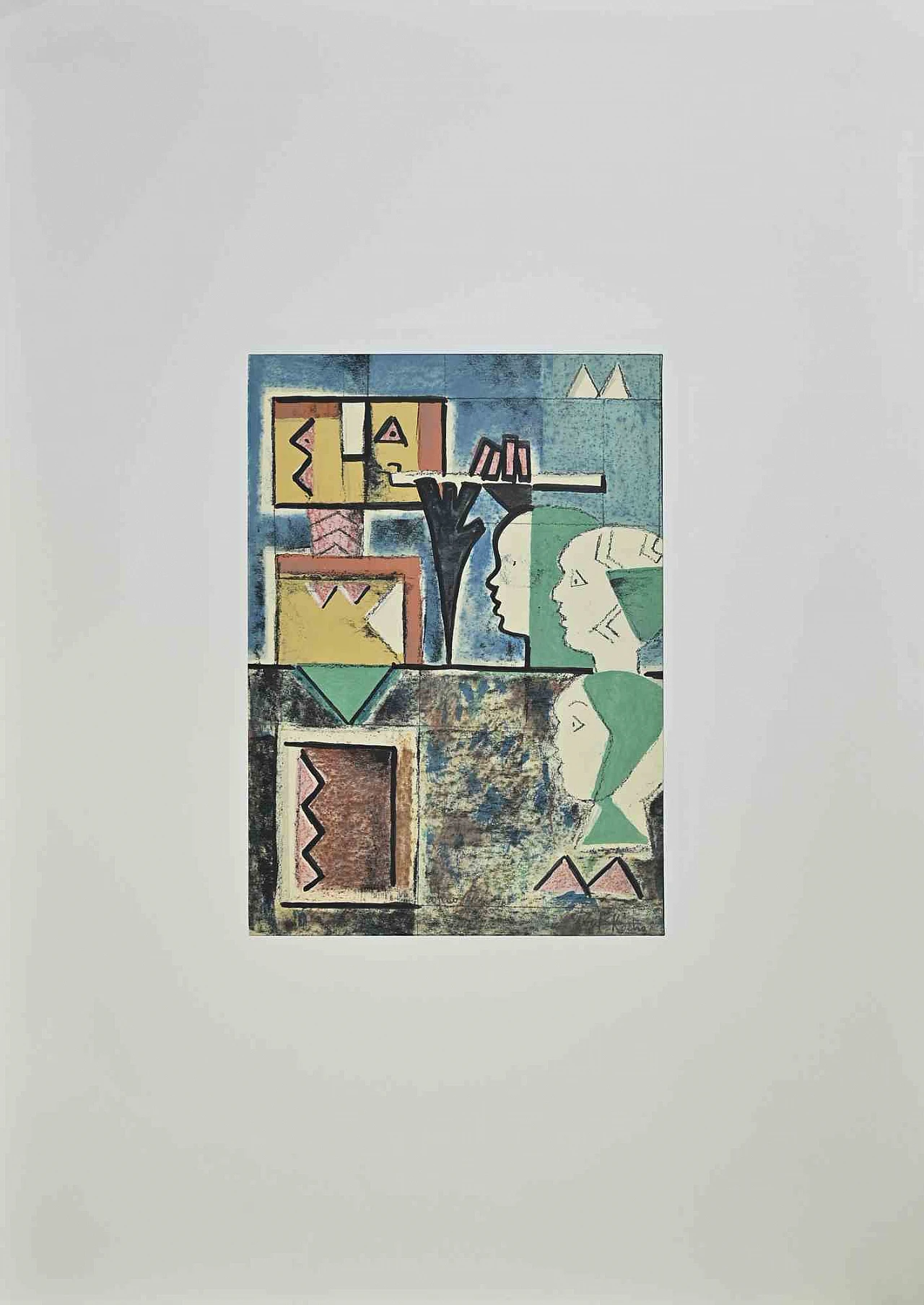 Ibrahim Kodra, Robot Playing Flute, Lithograph 1960s-1970s 1