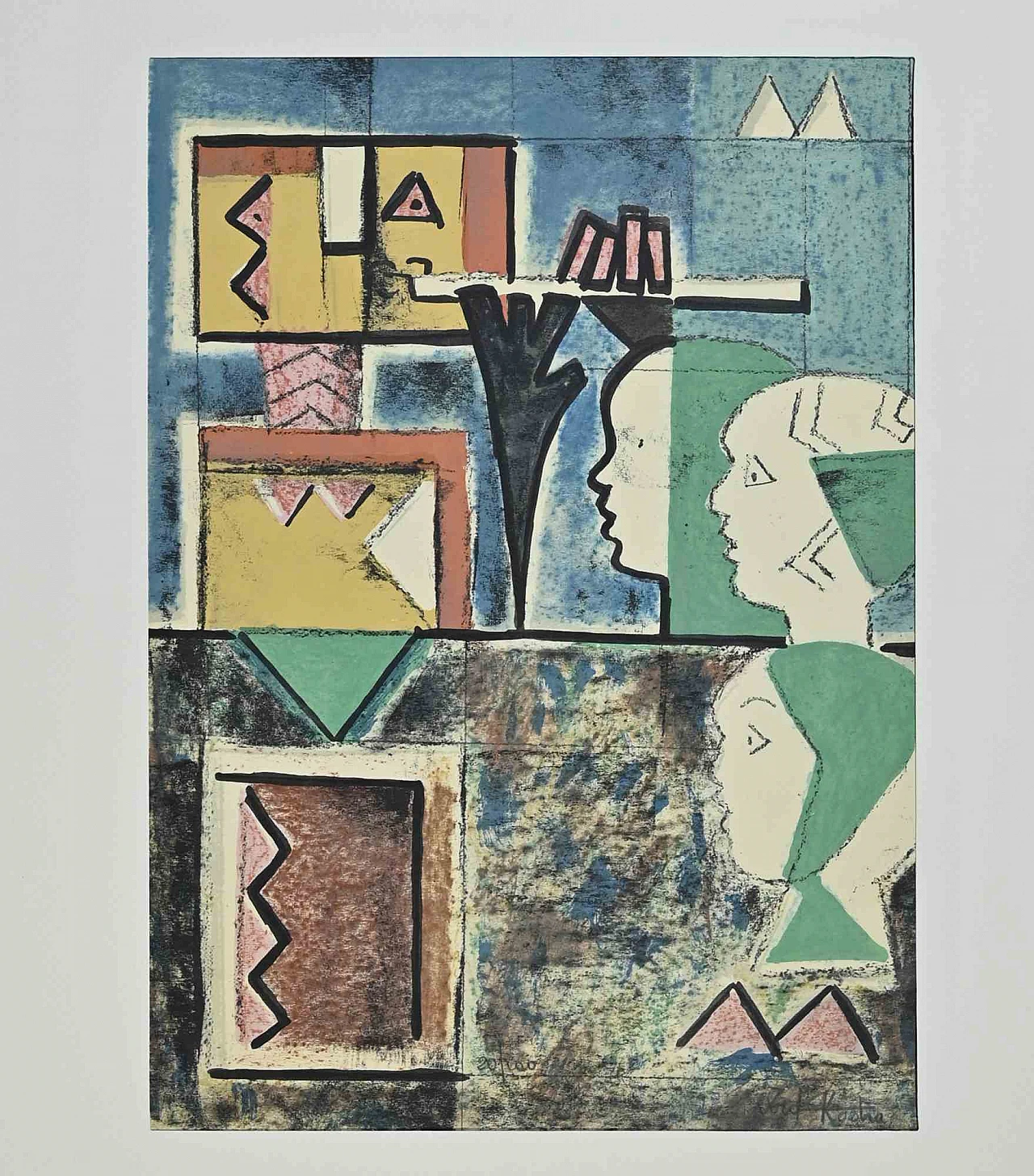 Ibrahim Kodra, Robot Playing Flute, Lithograph 1960s-1970s 2